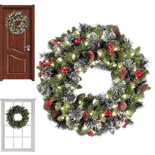 45CM Weihnachtskranz Mit Beleuchtung, LED Weihnachtskranz Mit Tannenzapfen Und Beeren, Batteriebetriebener-Weihnachtskranzs, Für Weihnachten Tür, Wand, Haustür Deko