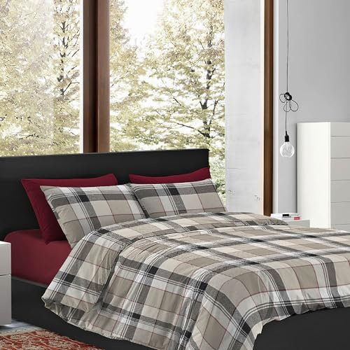 IlGruppone Copripiumino Raso Matrimoniale in Microfibra Anallergica e Morbida, Set di Biancheria da Letto - Parure Sacco Matrimoniale e 2 Federe - Effetto NO STIRO Mano Pesca - Tartan Tortora