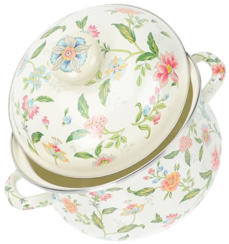 Ipetboom Pentola Smaltata Piccola Manici Doppio Uso per Brodo e Latte 22 CM Compatibile Fornelli Elettrici e Induzione Design Floreale Vintage per Cucina Pratica e Sicura