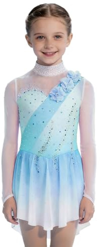 iiniim Abito da Pattinaggio Artistico per Bambina Body con Gonna da Balletto in Tulle Abito da Ginnastica Ritmica Costume da Gara di Danza Azzurro Chiaro 9-10 Anni