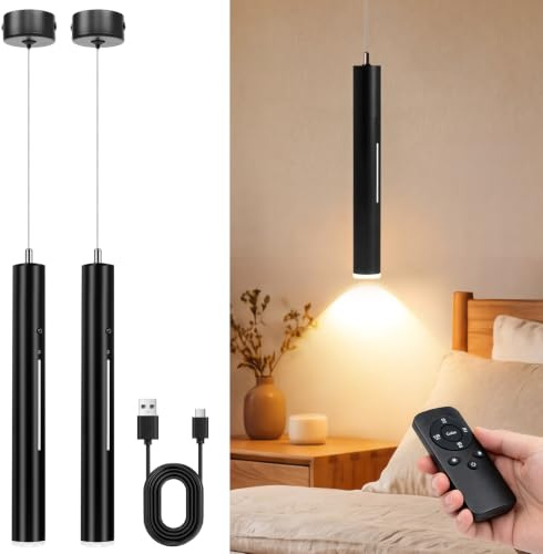 Aukimo Lámpara Colgante con Bateria, Lámparas Colgantes LED Modernas Diseño, Luz inalámbrica, Recargable USB 5000mAh y Mando a Distancia, Para Cocina, Comedor, Dormitorio, Salón (Negro-2)