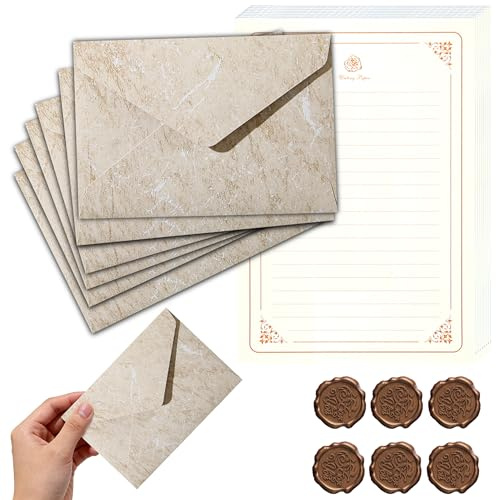 Carta da Lettere con Busta Vintage – Set Completo 6 Buste + 20 Fogli A5 14,5x21cm + 6 Sigilli Decorativi – Carta Pergamena da Scrivere per Lettera Romantica, Matrimonio, Inviti