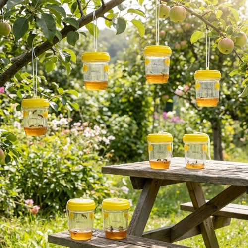 ideoon Wespenfalle & Fliegenfalle 8er-Set zum Aufhängen oder Hinstellen, Giftfreie Insektenfalle Gelb, Wiederbefüllbar & Effektiv für Garten und Balkon