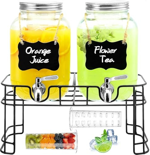 Erogatore per bevande in vetro 4L, 2 pezzi con rubinetto, supporto metallico e tubo per ghiaccio - Distributore di succo per acqua fredda feste matrimoni campeggio