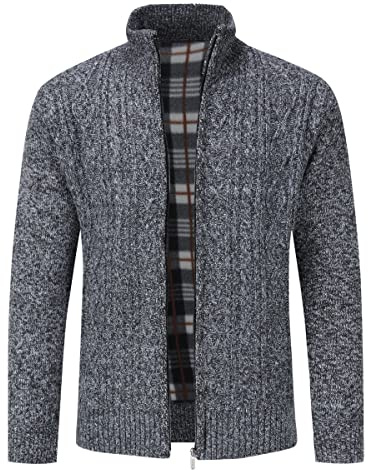 Stickad cardigan för män, tjock tröja, full dragkedja, stående krage, varm jumper, fleecefodrad vinterrock, Mörkgrått, S