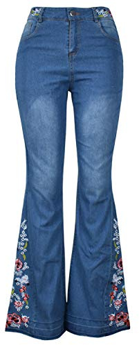 Jeans évasé pour femme - Pantalon en jean délavé avec broderie florale - Bleu - 44