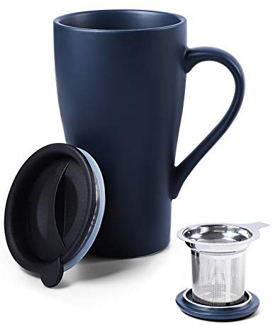 ARRADEN Tea Cup with Infuser and 2 Lids, 18oz Large Tea Infuser Mug, Tea Strainer Cup for Loose Leaf, Travel Mug with Teabag Holder (Royal Blue)