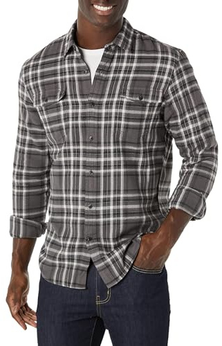 Amazon Essentials Men's Långärmad flanellskjorta med två fickor smal passform, Grå Rutig, XL