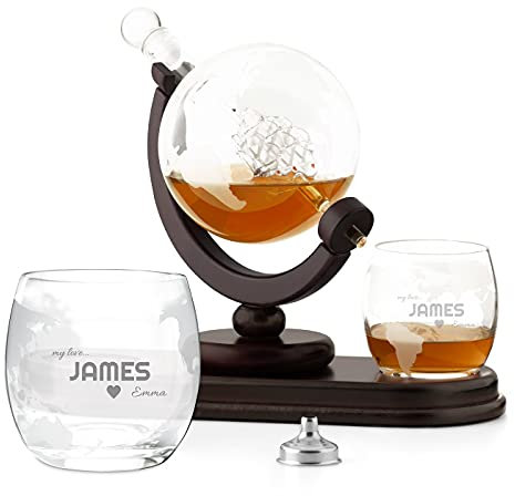 Maverton Globe Whiskey Decanter Set with 2 Glasses - Ship Inside – 850ml Carafe with 300ml Personalised Glasses - Present for Men - My Lover