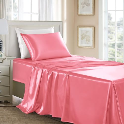 GOLAL Sábanas de satén individual XL, 3 piezas, sábanas suaves y sedosas, sábanas de seda satinada rosa, antiarrugas con 1 sábana bajera profunda, 1 sábana encimera, 1 funda de almohada