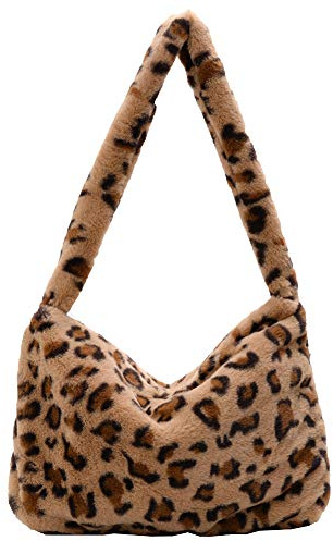 holygloomy Plüsch Handtasche, modische Pelzige-Umhängetasche, flauschige Plüschhandtaschen mit großem Fassungsvermögen, lässige Taschen weibliche Einkaufstasche, Hellbrauner Leopard
