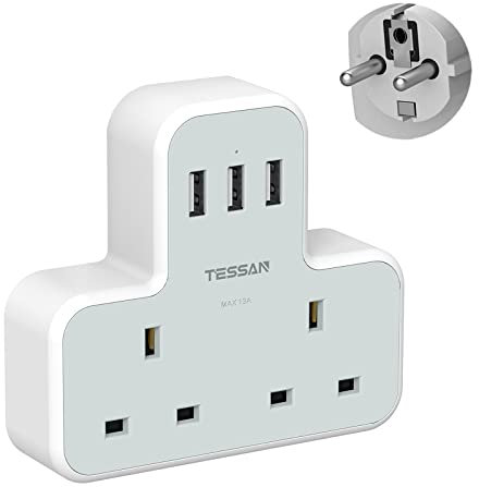 UK to European Plug Adapter, TESSAN Grounded Schuko European Plug Travel Adapter with 3 USB, UK to EU Euro Europe for Spain France Iceland Germany Greece Poland Type E F Adaptor