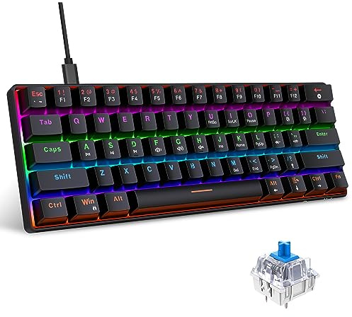 Snpurdiri Clavier 60% Mécanique Noir Filaire QWERTY, Clavier Gaming Mini avec 61 Touches Blue Switches pour Windows XP, Win 7, Win 8, Win 10, Android, Mac OS