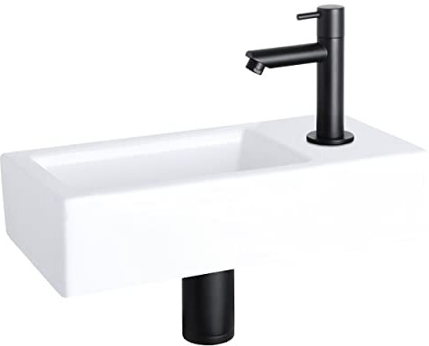 Differnz Helios Waschbecken, Keramik, Weiß, Kaltwasserhahn, rechts, Schwarz, Waschbecken, komplettes Set, für Badezimmer – 37,5 x 18 x 9,5 cm