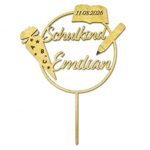 Cake Topper zur Einschulung mit Namen personalisiert Tortendekoration zum Schulanfang aus Holz (Gold)