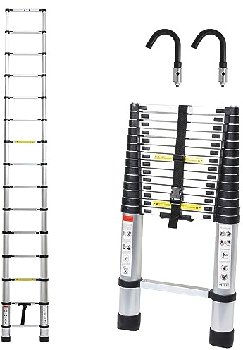 Herrselsam Scala telescopica in alluminio, 4,4 m, scala allungabile con 2 ganci rimovibili, scala multifunzione, telescopica, portata massima 150 kg, scala allungabile multiuso