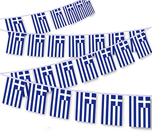 MacLand 30 Stück Griechenland-Flaggenschnur, 90 m, griechische Wimpelkette, Dekorationsbanner für den Innen- und Außenbereich, Terrasse, Hof, Dekoration