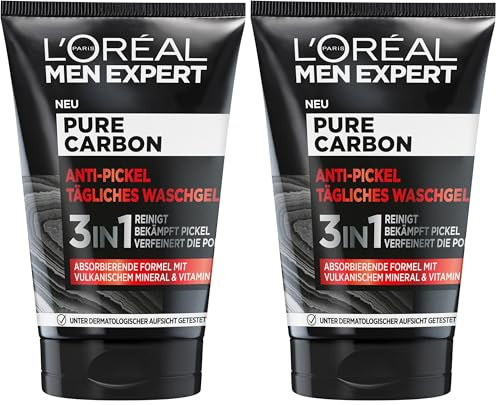 L'Oréal Men Expert Waschgel für das Gesicht, Anti-Pickel Gesichtsreinigung für Männer, Mit vulkanischem Mineral und Vitamin B3, Pure Carbon, 1 x 100 ml (Packung mit 2)