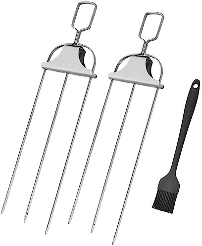 Halbautomatische Grillgabel aus Edelstahl, Grillspieße Edelstahl Fleischspieße mit Schieberegler, Metall spieße BBQ grillspieße, Wiederverwendbares Schaschlikspieße für Outdoor Barbecue (2PCS)