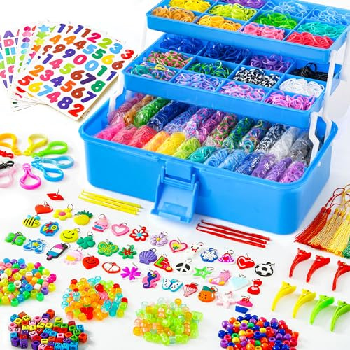 INSCRAFT 17500+ Rubber Loom Bands with 3 Layer Deep Blue Container, 28 Colors, 600 S-Clips, 352 Beads, 40 Cartoon Pendant, Bracelet Making Refill Kit for Kids