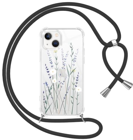 Yoedge Handyband Handyhülle für iPhone 14/iPhone 13 6,1 Hülle mit Band, Weiche Silikon TPU + PC Stoßfest Schutzhülle mit Kordel zum Umhängen, Durchsichtig Case mit Aesthetic Muster, Blumen 1