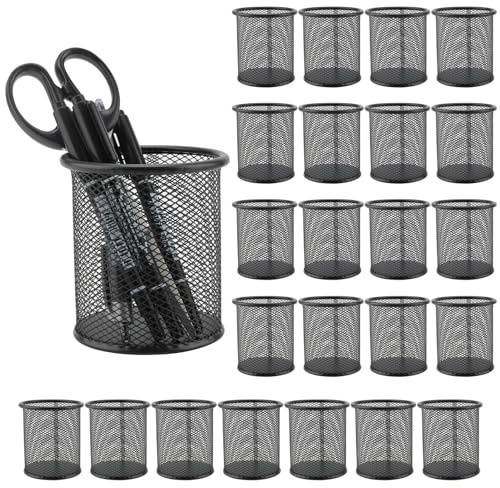 MOUYAT 24 Pack 9x10cm(D x H) Metal Pen Holder, Black Mesh Pen Holder, Round Pencil Holder Desk Organizer Pen Cup Pencil Pots for Home Office Pen Organization Storage