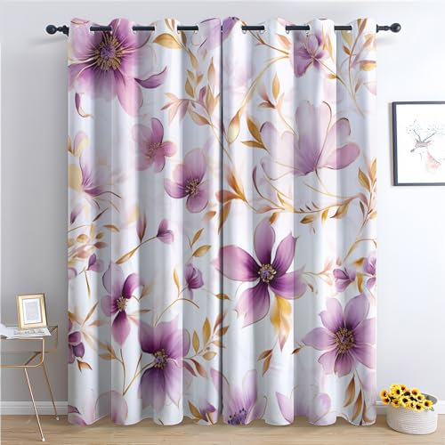 zcwl Blume Vorhänge, Lila Blumen Verdunklungsvorhänge mit Ösen, Vorhang Blickdicht für Wohnzimmer Schlafzimmer Dekoration, Gardinen mit Muster, 2er Set, 220 x 140 cm (HöhexBreite)
