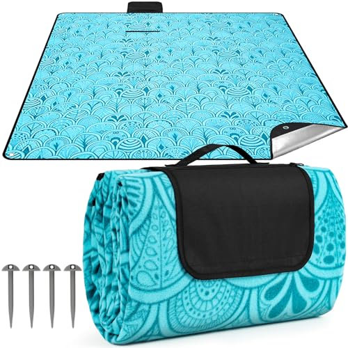 Gucass Picknickdecke Wasserdicht 200x200 cm Picknick Decke, Strandmatte Sandfrei Outdoor Picnic Blanket Waschbar, BBQ, Picknick, Wandern, Reisen Campingdecke Pfauenblau
