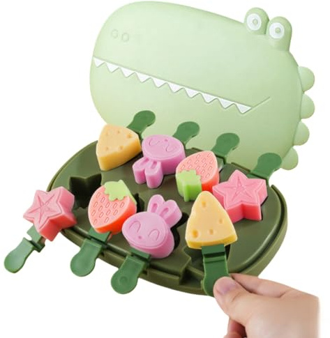 Silikonformen für Eis am Stiel, niedliche Cartoon-Tierblumen, Friut-Hasen-Formen, Mini-Größe, wiederverwendbar, Cake-Pop-Form-Set mit Deckel und Stab, leicht zu lösen, BPA-frei (grünes Krokodil (8