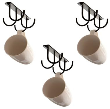 simplywire – Lot de 3 – Porte-tasses de cuisine – Rangement sous le placard – 12 crochets pour tasse – 4 par unité – Noir
