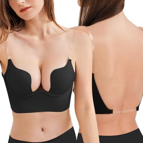 Reggiseno Multiway da donna con spalline trasparenti schiena bassa push up reggiseno profondo scollo a U intimo, Nero , 4B
