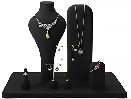 Schmuckhalter Kombinationsbüsten-Set aus schwarzem Samt for Präsentieren von Schmuck, Halsketten, Armbändern, Ohrringen, Anhängern und Ringen, Halsketten-Büsten-Schmuckbüsten-Ausstellungsständer, 6-tl