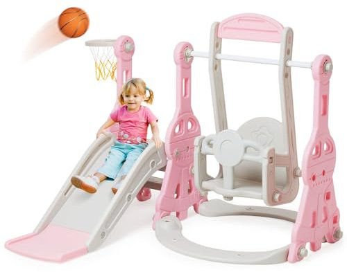 Rutsche Indoor ab 1 2 3 4 5 Jahr, 4-in-1-Kleinkindspielplatz mit Schaukel, Baby Rutsche Kinderzimmer, Gartenrutsche für Kleinkin für drinnen und draußen, Jungen und Mädchen (Turm+Rosa)