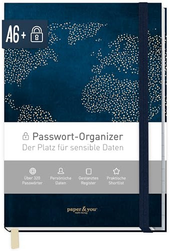 paper&you® Passwortbuch A6+ mit Register A-Z World Wide für 320 Zugangsdaten, Passwort-Manager klein, Passwort Buch deutsch - nachhaltig & klimafreundlich