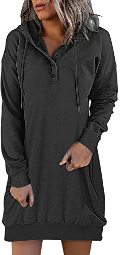 Tröjklänning dam oversize V-ringad långärmad tröjklänning knappslå huvtröja klänning vinterklänning dam knälånga klänningar lös fritidsklänning sweatshirtklänning med dragsko, svart, XL