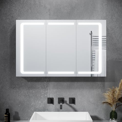 SONNI 3 Türig LED Spiegelschrank 105 x 65 x 13 cm Badezimmer-Spiegel Wandschrank Bad-Schrank mit Beleuchtung und Steckdose
