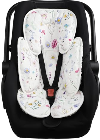 Pea Pod Infant Car Seat Pad 2-in-1 Baby Car Seat Head & Body Support for Newborn Girl Reversible 3 Layer Warm Preemie Carseat Stroller Cushion Headrest with Soft Minky Dot Fabric, Wildflower