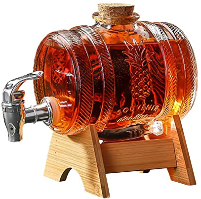 Inscrip Dryckesdispenser av glas, dryckesdispenser med läckagesäker tappkran, muggdispenser, fat med trästativ, behållare för kall dryck, kylskåp, iste, lemonad, bar, fest (1 l)