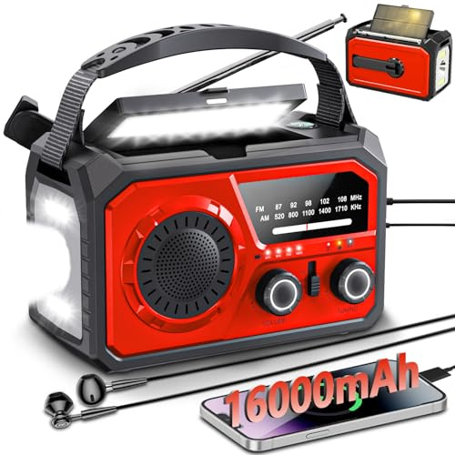 16000mAh/59200mWh Kurbelradio,Tragbares Notfallradio mit Kurbel,AM/FM Solar Radio mit Handyladefunktion SOS Alarm/Kopfhöreranschluss/Leseleuchte/Kompass für Camping Outdoor Notfall