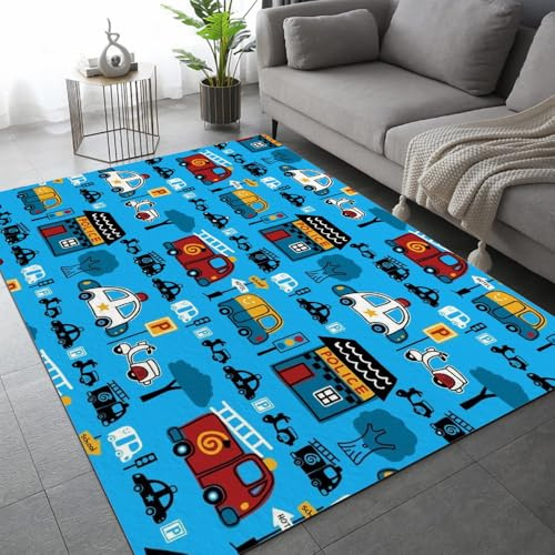Cartoon-Auto Teppich Kinderteppich Modern 3D Polizeiauto Feuerwehrauto Teppich Schlafzimmer rutschfeste FußMatte Kinder Teenager Kurzflor Teppiche FüR Flur Wohnzimmer Boden Teppich 120x160 cm