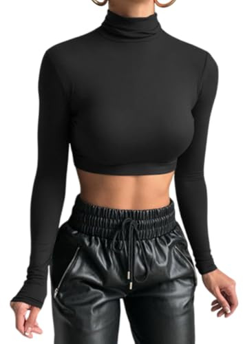 SamHeng Women's Long Sleeve Turtleneck Tops, Slim Fit Mock Neck Tops Crop Tops, Solid Color Basic Blouse Tee Tops Base Layer Pullover Shirts Casual Stretch Fitted T-Shirts Streetwear (Black-M)