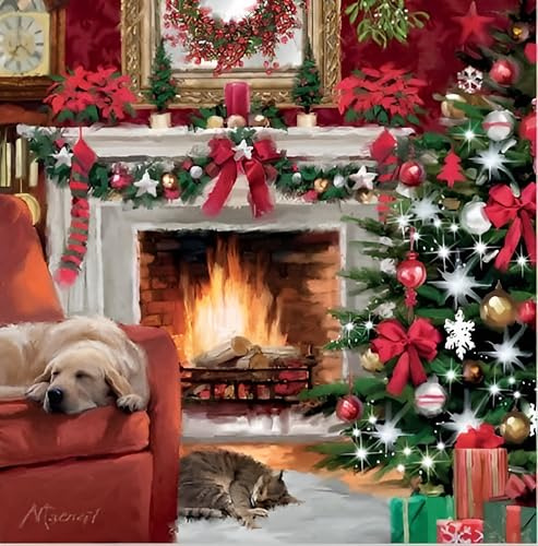 Noel Tatt Weihnachtskarten für wohltätige Zwecke, 10 Stück, Wohltätigkeitsorganisationskarten mit Katze und Hund, die am Kamin schlafen, künstlerisches Macneil-Design, umweltfreundliche