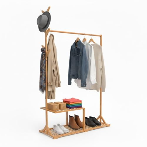 THINIA HOME - Perchero de Pie de Bambú Natural con Zapatero y Ganchos Árbol, Organizador de Entrada, Dormitorio o Recibidor, Estilo Nórdico, 107x40x169 cm