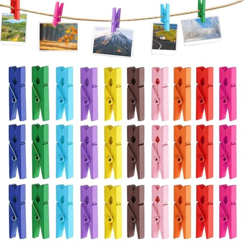 Wäscheklammern Holz, 100 Stück Mini Bunt Holzklammern, Mini Wäscheklammern Holz Klein mit Schnur, Kleine Klammern für Fotos Aufhängen, Natur Kleine Holzklammern für Bilder Collagen Postkarten Bunt