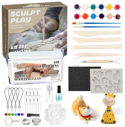 Töpferset, 500g Töpferset für Zuhause, Ton zum Töpfern Lufttrocknend, Pottery Set Kinder, Lufttrocknender Ton mit 12 Farben & Pinsel & Bildhauerwerkzeuge für Kinder & Erwachsene Kreative Geschenk