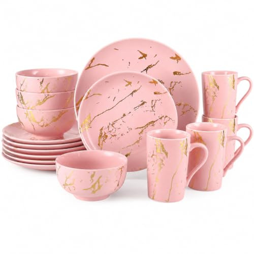 Loymokinar Porzellan-Geschirr-Set, 16-teilig für 4 Personen, Rosa mit goldfarbenem Marmor-Design, Teller, Schüssel, Tassen, stapelbar, robust, spülmaschinenfest, mikrowellengeeignet