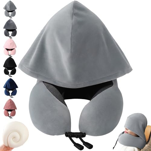 YOUYIKE Nackenkissen Flugzeug, Reisekissen mit Haube, Reisekissen Flugzeug, Bequem und Leicht Ldeal für Flugzeugstuhl, Auto, Zuhause, Büro, Schlafkissen (Hellgrau)