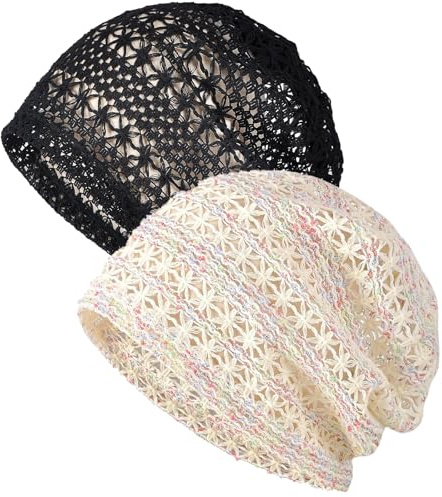 XYIYI Damen Mütze Chemo Hut Slouchy Kopfbedeckungen Kopf Wraps Krebshüte （2Stück Spitze Mesh Schwarz Beige）