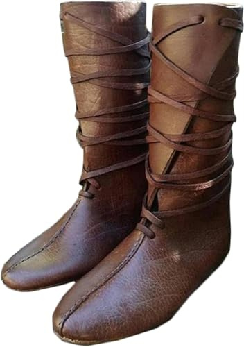 Medeltida Pu Läder Knight Stövlar - Renaissae Viking Knästövlar Läderskor - Renaissae Cosplay Platt Botten Snörning Rollspelsskor För Cosplay Carnival Party, Brown, 36 EU