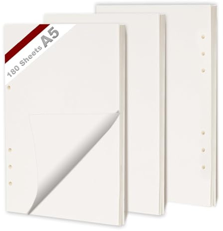 KINETOX Confezione da 3 fogli di carta bianca A5, 180 fogli di carta bianca, raccoglitore ad anelli a 6 anelli, inserto di ricambio per planner, quaderni, diari, album da disegno, planner